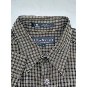 Brandini Le Collezioni Mens Brown Plaid Checkered Button Down Short Sleeve Shirt